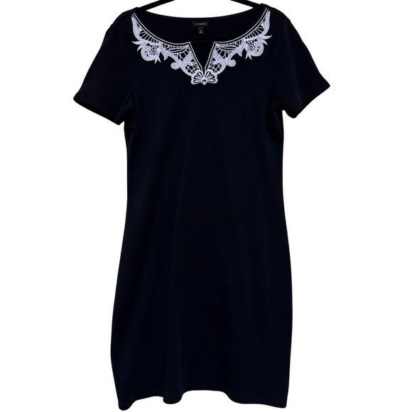 Talbots Black Dress White Lace Applique Round V-Neck 100% Cotton Size M - Picture 1 of 6
